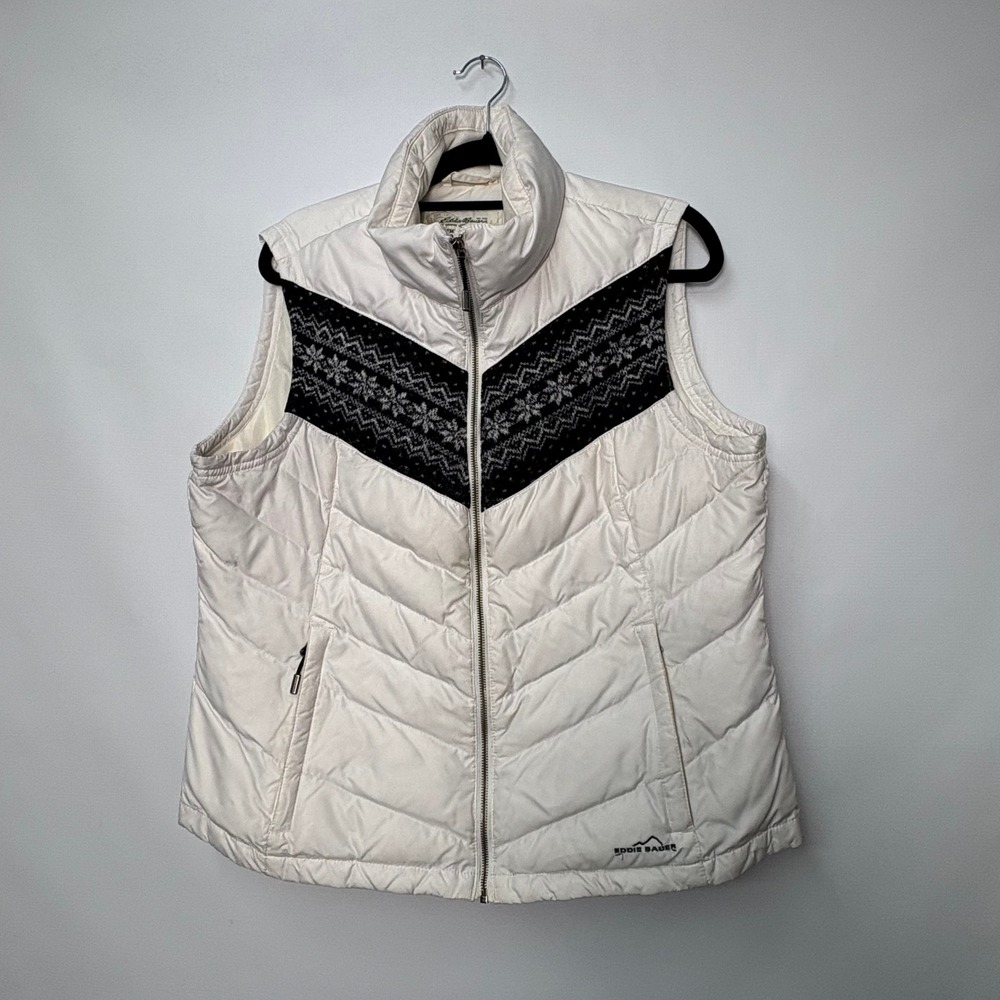 Eddie Bauer Women XL Goose Down Puffer Vest Cream Fair Isle Knit Yoke Chevron